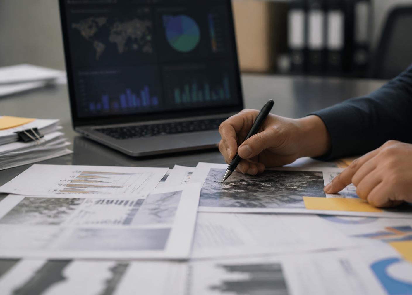 Analyst annotating printed evidence and data charts