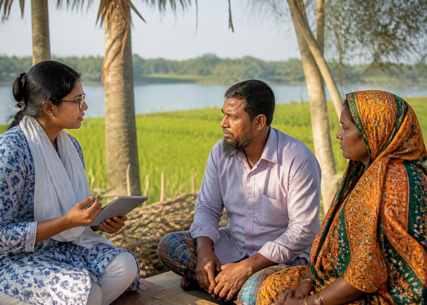 A researcher interviewing farmers beside a field in rural Bangladesh