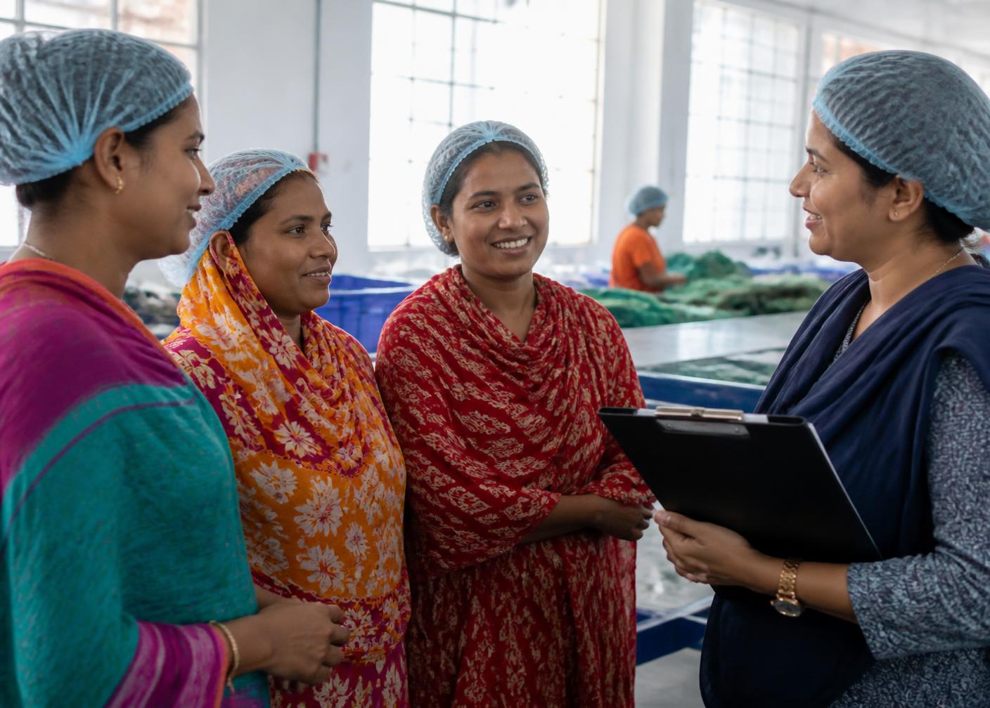 Women workers in conversation with a female supervisor at a processing facility
